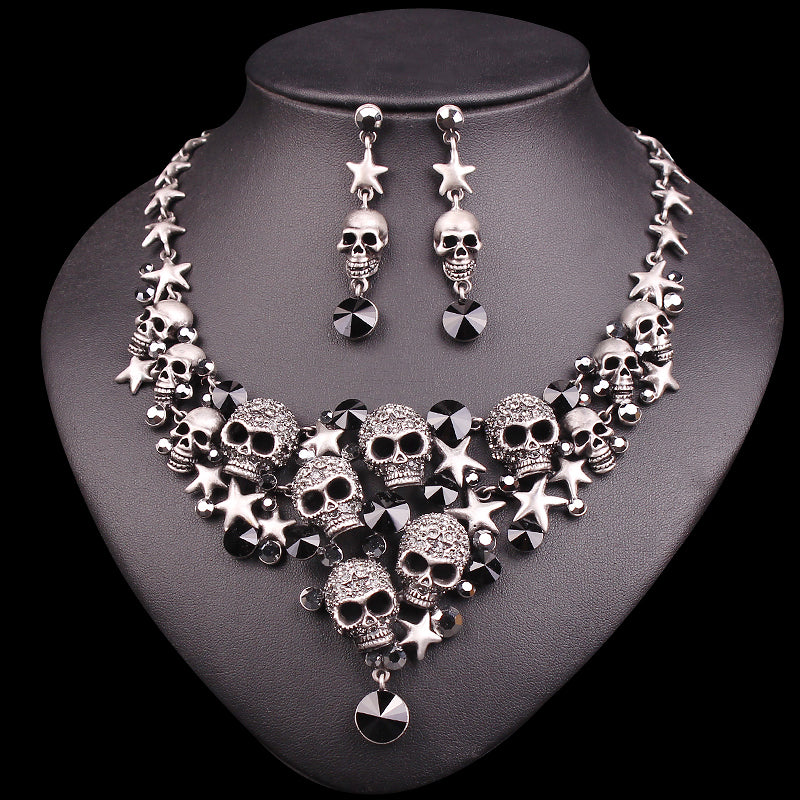 Rhinestones Skeleton Necklace Earrings Sets Vintage Skull Jewelry Sets