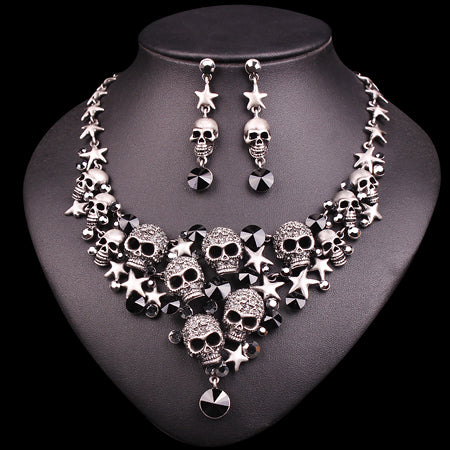 Rhinestones Skeleton Necklace Earrings Sets Vintage Skull Jewelry Sets