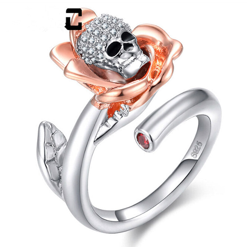 Skeleton Skull Clear Zircon Ring  for Women Silver Color Flower Rose Opening Rings charm Fashion