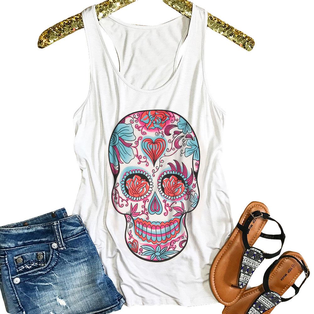 Women Sugar Skull Floral Racerback Tank  Fashion Funny Pattern Sleeveless O Neck Top Tee