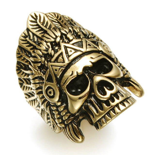 Crown Indians Chief Skeleton Skull Mens Ring Punk Gothic Gold Silver Titanium Stainless Steel Rings