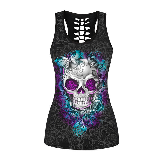 Womens Tank Tops Cool Vest Casual Back Hollow Out Vest Purple Butterfly Skull Printing Summer