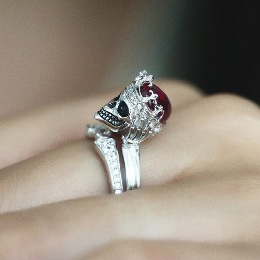 Punk Rock Gothic Red Cystal Wedding Rings For Women Ring Set Silver Pair Ring Bridal