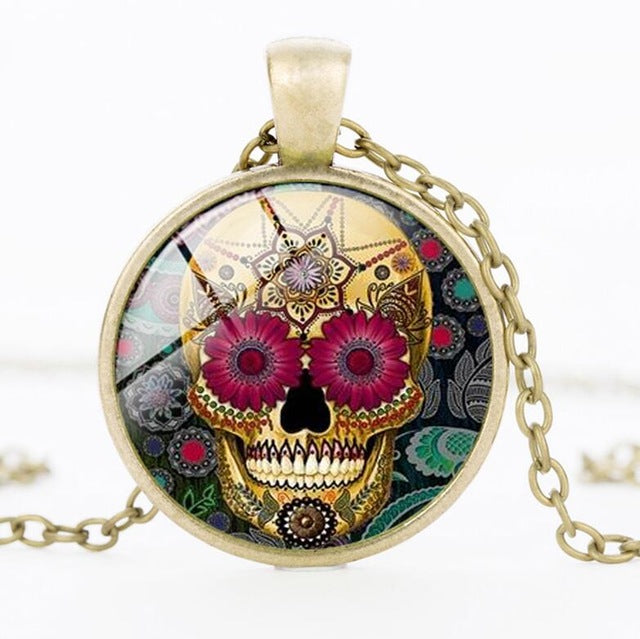 Sugar Skull Necklace Glass Crystal Skeleton Pendant Silver Color Chain Long Necklaces