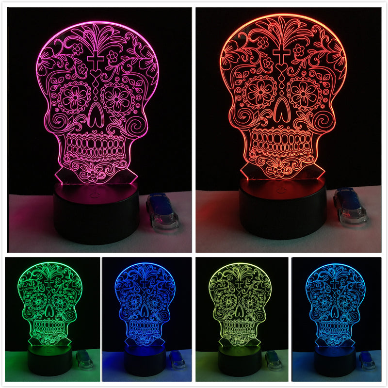 Touch Sensor colorful 3D Skull Flower Head LED Night Lights of Crossbones table lamp