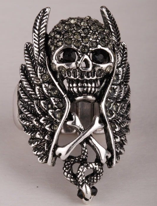 Skull wings cross snake stretch ring for women biker gothic jewelry antique silver color