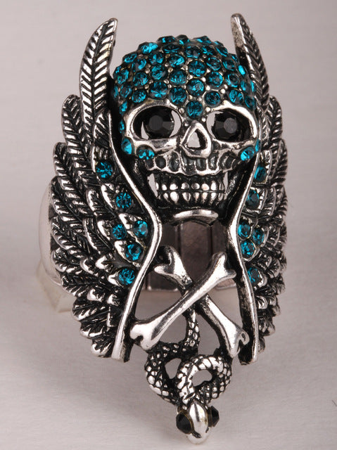 Skull wings cross snake stretch ring for women biker gothic jewelry antique silver color