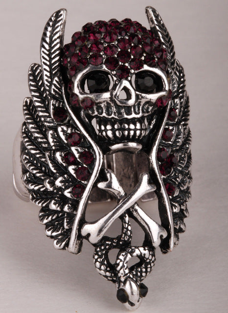 Skull wings cross snake stretch ring for women biker gothic jewelry antique silver color