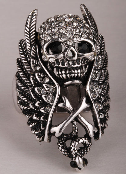 Skull wings cross snake stretch ring for women biker gothic jewelry antique silver color