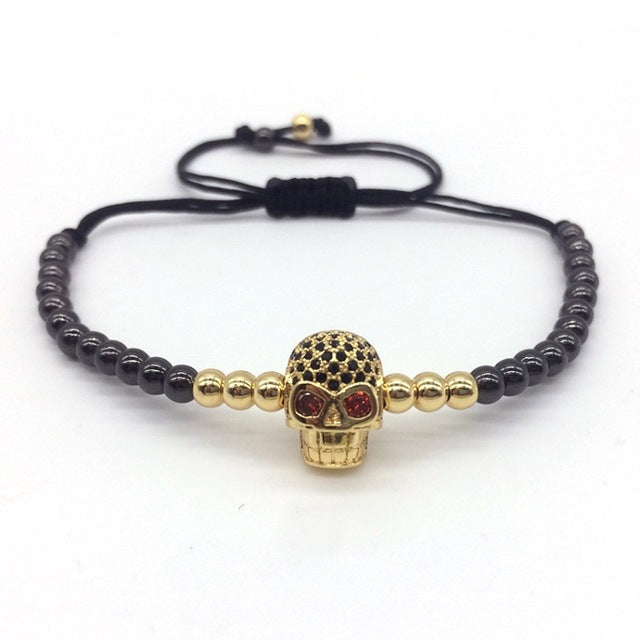 New Style Pave Black CZ Beads Skull Series  Round Beads Men Braided Macrame Charm Bracelets Jewelry