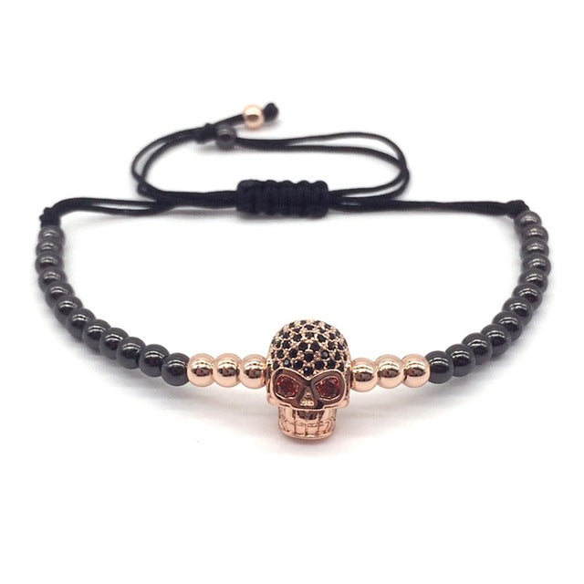 New Style Pave Black CZ Beads Skull Series  Round Beads Men Braided Macrame Charm Bracelets Jewelry