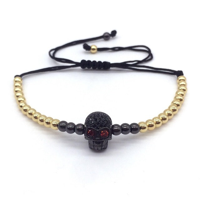 New Style Pave Black CZ Beads Skull Series  Round Beads Men Braided Macrame Charm Bracelets Jewelry