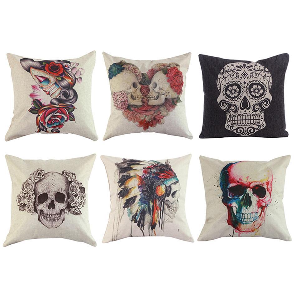 Linen Skull Throw Sofa Cashion Pillow Case Cover BedRoom