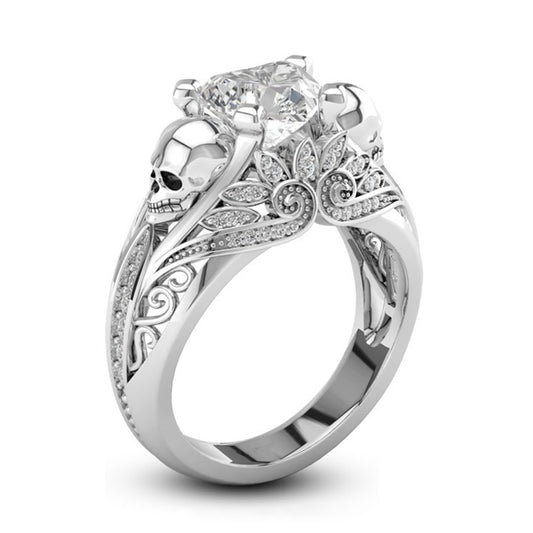 Stone Silver Punk Skull Promise Ring for Women Fashion Jewelry