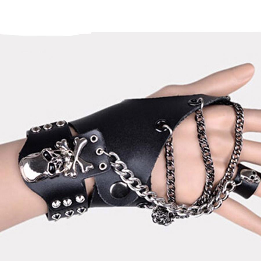 Skeleton Skull Leather Bracelet Men Gloves Sets Rock Play Bracer Figaro Chain Bracelets