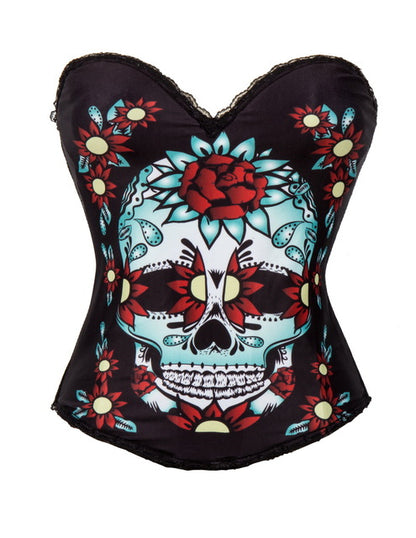 New Design Sugar Skull Corset Top Multi-Colour with Skull & Flowers