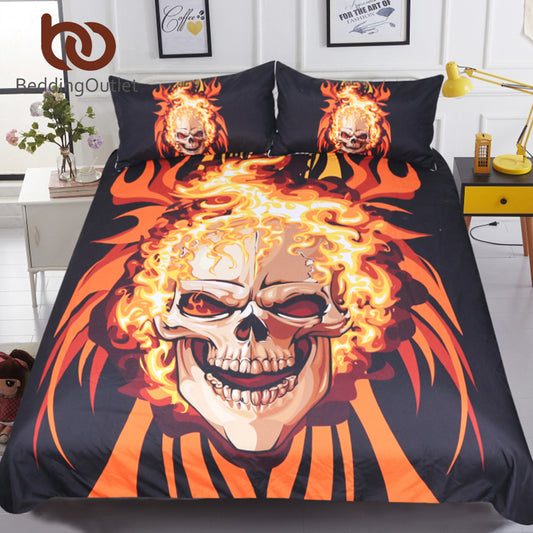 Angry Skull Bedding Set King 3D Printed Duvet Cover Flame Fire Bedspread 3pcs Fashion Orange