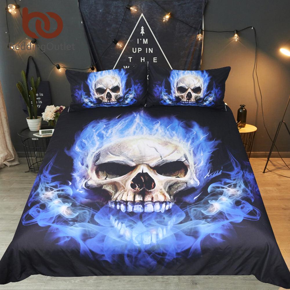 Flame Skull Bedding Set King 3D Printed Duvet Cover Blue Fire Bedclothes 3pcs Fashion