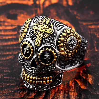 Stainless Steel men's Gothic gold Carving kapala Skull Ring Biker Hiphop rock Jewelry
