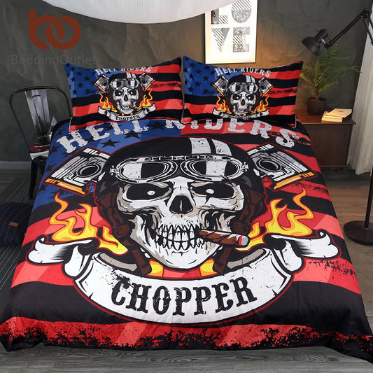 Bedding Outlet Fire Skull Bedding Set Chopper Printed Boys Duvet Cover Set Hell Riders