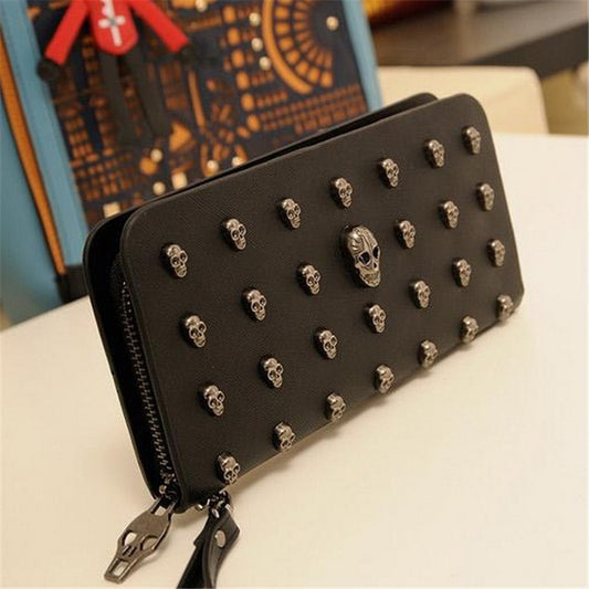 Hot Sale Women Wallets Metal Skull Wallet Card Purse Leather Wristlet Portefeuille Handbags