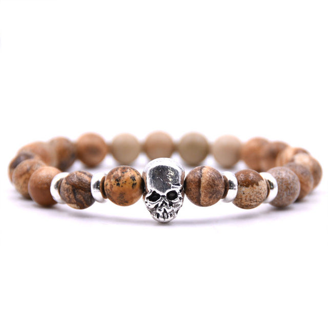 Beaded Black Natural Stone beads Skull Elastic Bracelets for Men and Women Tiger Eye Bracelets