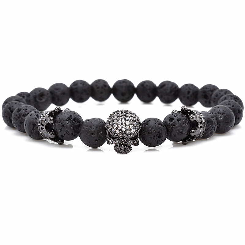 Brand Trendy Natural Beads Strand Bracelet Micro Pave CZ Skeleton Skull Black Lava Rock Stone