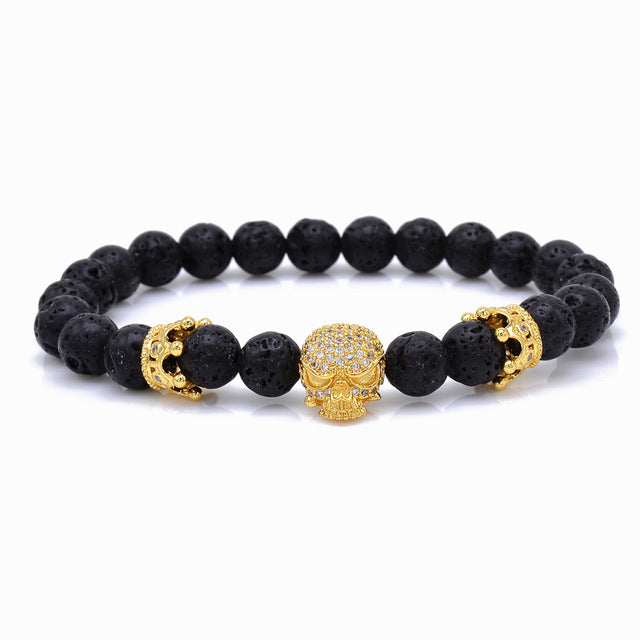 Brand Trendy Natural Beads Strand Bracelet Micro Pave CZ Skeleton Skull Black Lava Rock Stone