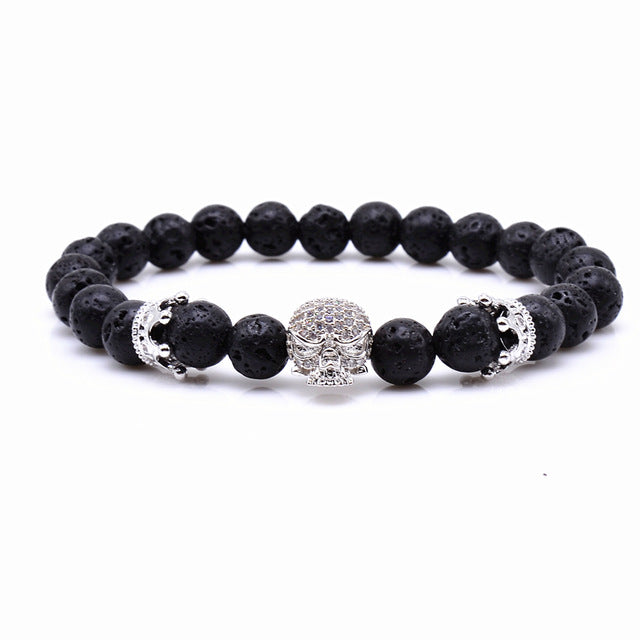 Brand Trendy Natural Beads Strand Bracelet Micro Pave CZ Skeleton Skull Black Lava Rock Stone