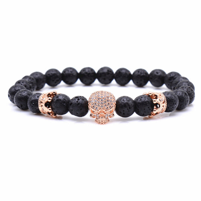 Brand Trendy Natural Beads Strand Bracelet Micro Pave CZ Skeleton Skull Black Lava Rock Stone