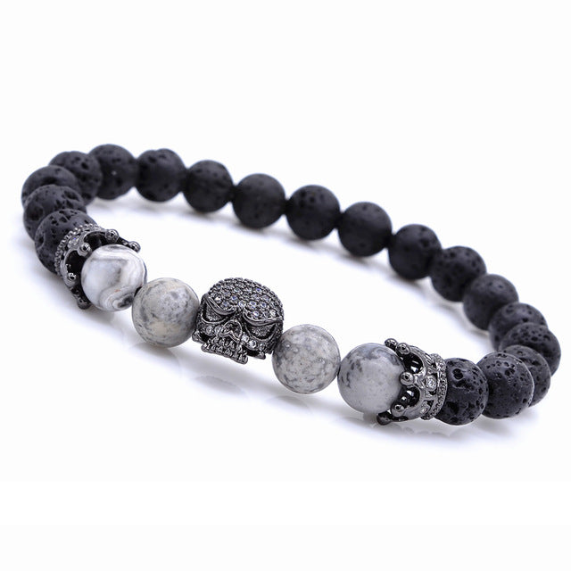 Brand Trendy Natural Beads Strand Bracelet Micro Pave CZ Skeleton Skull Black Lava Rock Stone