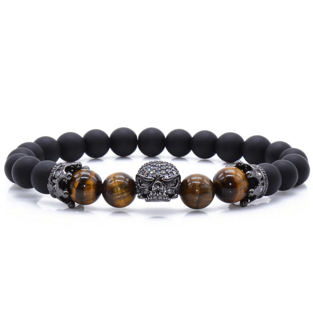 Brand Trendy Natural Beads Strand Bracelet Micro Pave CZ Skeleton Skull Black Lava Rock Stone