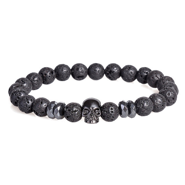 Brand Trendy Natural Beads Strand Bracelet Micro Pave CZ Skeleton Skull Black Lava Rock Stone