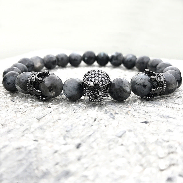 Brand Trendy Natural Beads Strand Bracelet Micro Pave CZ Skeleton Skull Black Lava Rock Stone