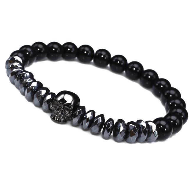 Brand Trendy Natural Beads Strand Bracelet Micro Pave CZ Skeleton Skull Black Lava Rock Stone