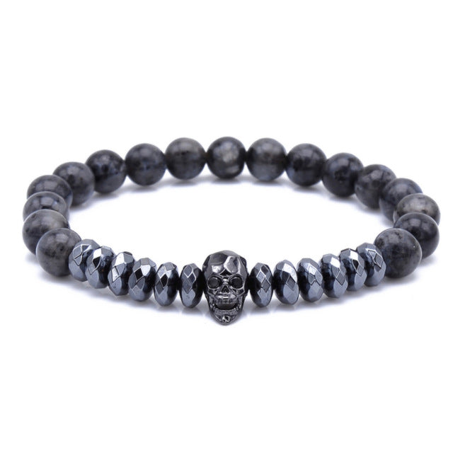 Brand Trendy Natural Beads Strand Bracelet Micro Pave CZ Skeleton Skull Black Lava Rock Stone