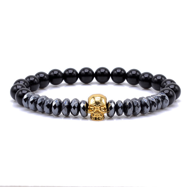 Brand Trendy Natural Beads Strand Bracelet Micro Pave CZ Skeleton Skull Black Lava Rock Stone