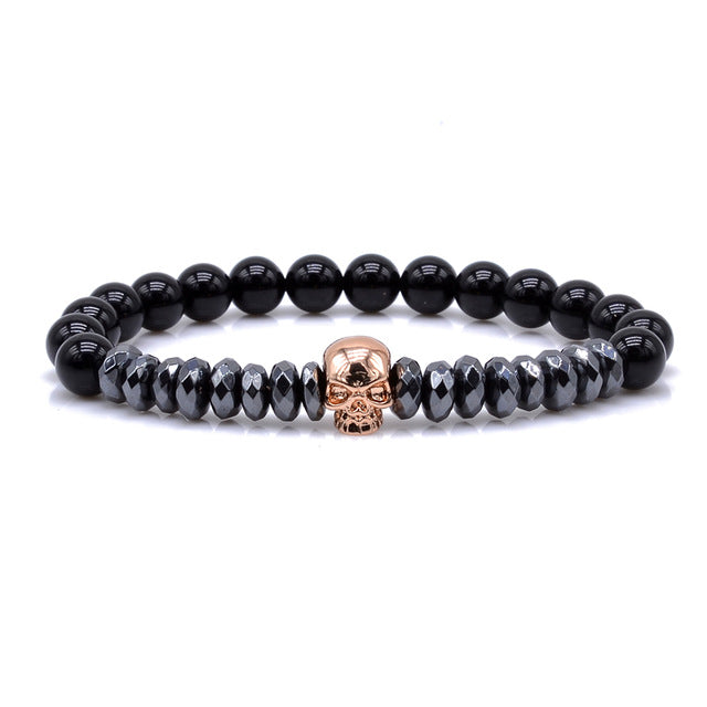 Brand Trendy Natural Beads Strand Bracelet Micro Pave CZ Skeleton Skull Black Lava Rock Stone