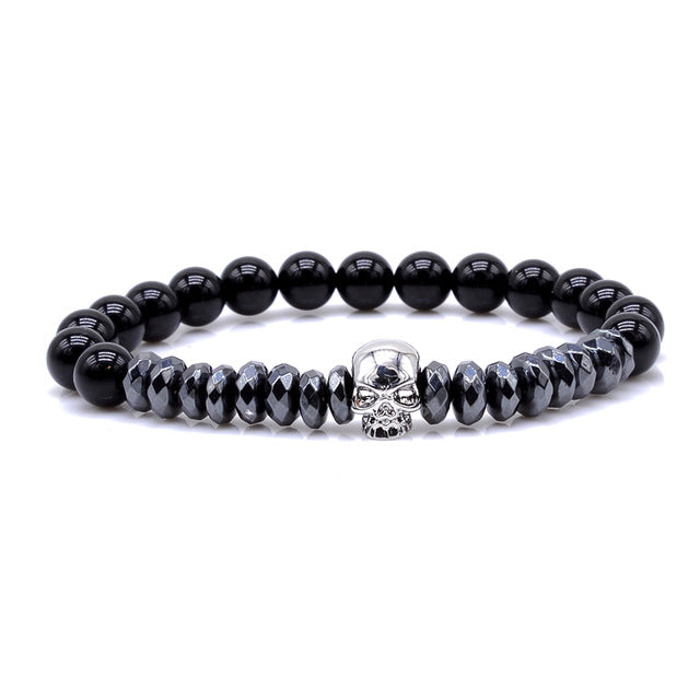 Brand Trendy Natural Beads Strand Bracelet Micro Pave CZ Skeleton Skull Black Lava Rock Stone