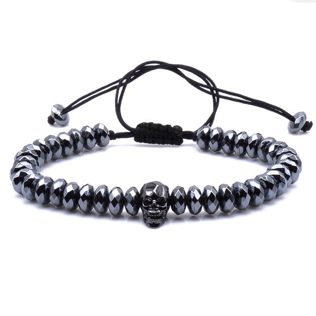 Brand Trendy Natural Beads Strand Bracelet Micro Pave CZ Skeleton Skull Black Lava Rock Stone