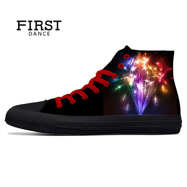 Spring Fire Skull Printed Shoes Black Mens High Top Classic Canvas Shoes 3D Colorful