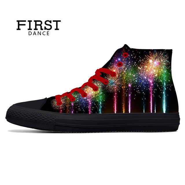 Spring Fire Skull Printed Shoes Black Mens High Top Classic Canvas Shoes 3D Colorful