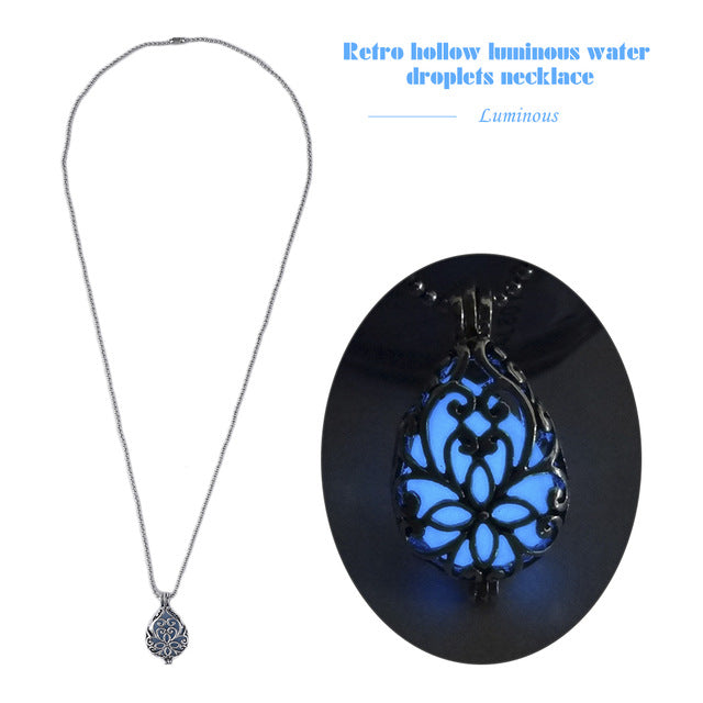 Retro Hollow Out Water Drop Pendant Necklace Noctilucent Glow Bright In Dark Copper