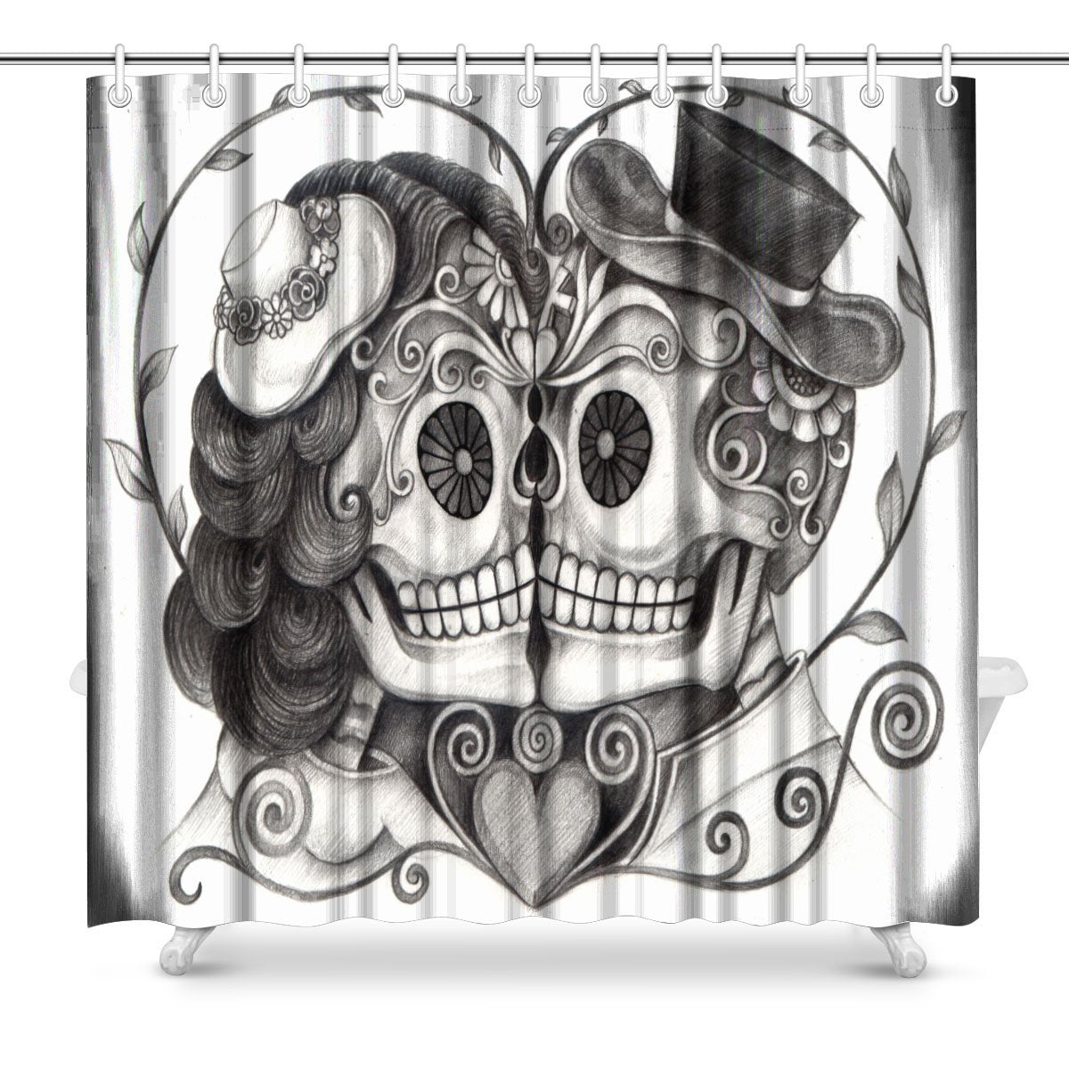 Art Skull Day of the Dead Fabric Shower Curtain Decor with Hooks,  Extra Long