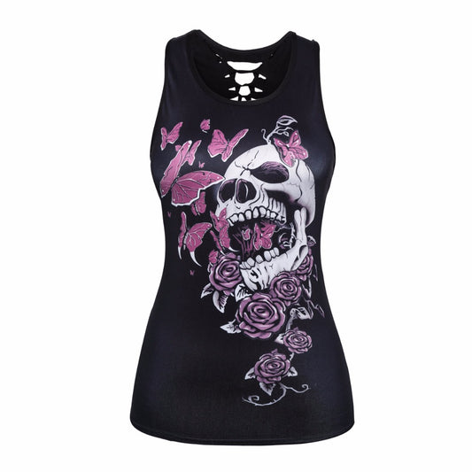 Women Summer Tank Tops Halloween Ghost Skull Digital Printing Top Sexy Back Hollow Cotton