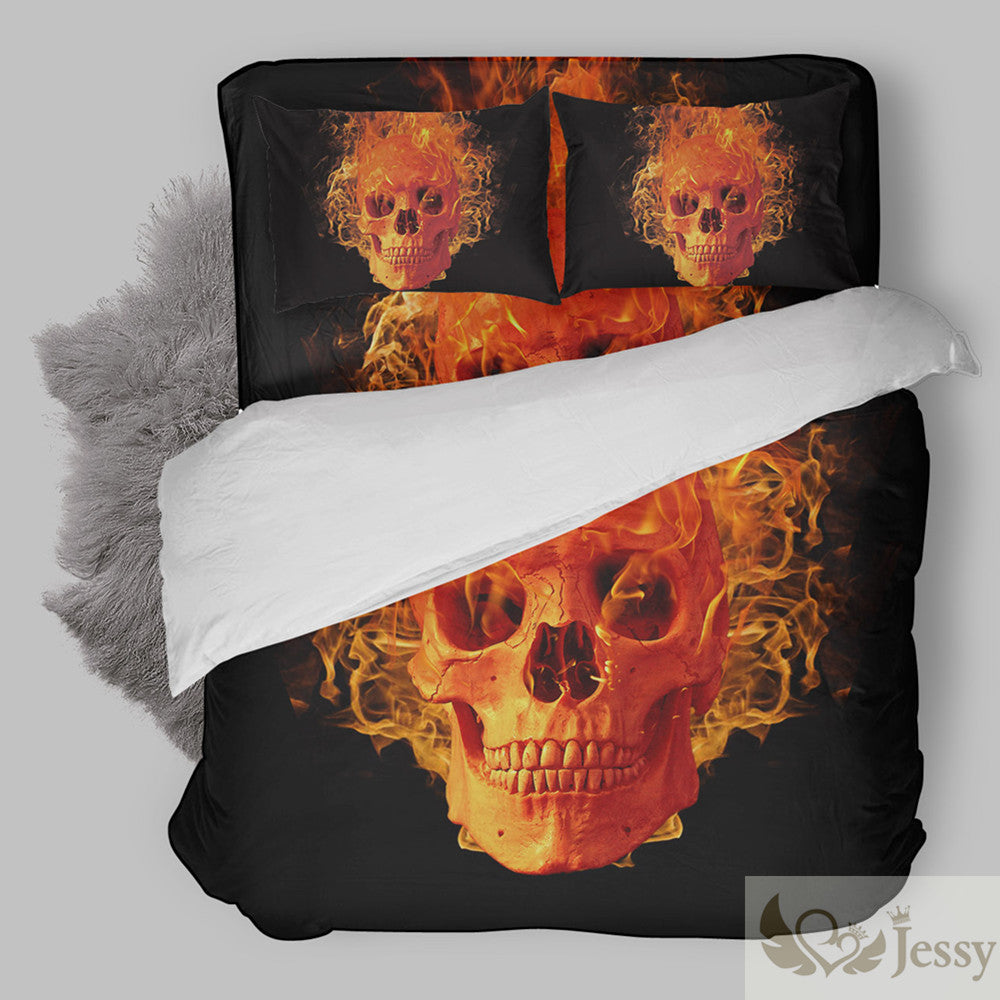 Halloween Bedding Set Polyester Fire Skeleton Printed Bedding Fire Skulls Bedding Set