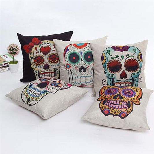 Flower Skull Mask Pillowcase Linen Cushion Cover Printed Throw Pillows