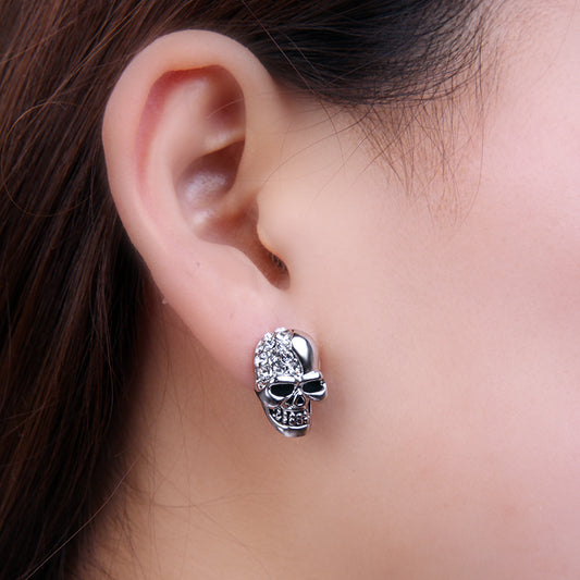 Rhinestone Rock Punk Skull Crystal Silver Tone Stud Earrings For Women Men Earrings