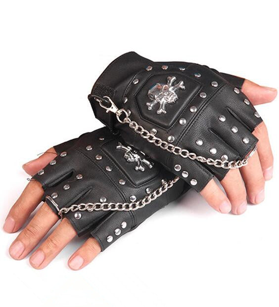 Hip-hop skull gloves personality punk leather gloves chain mens fingerless rivet glove