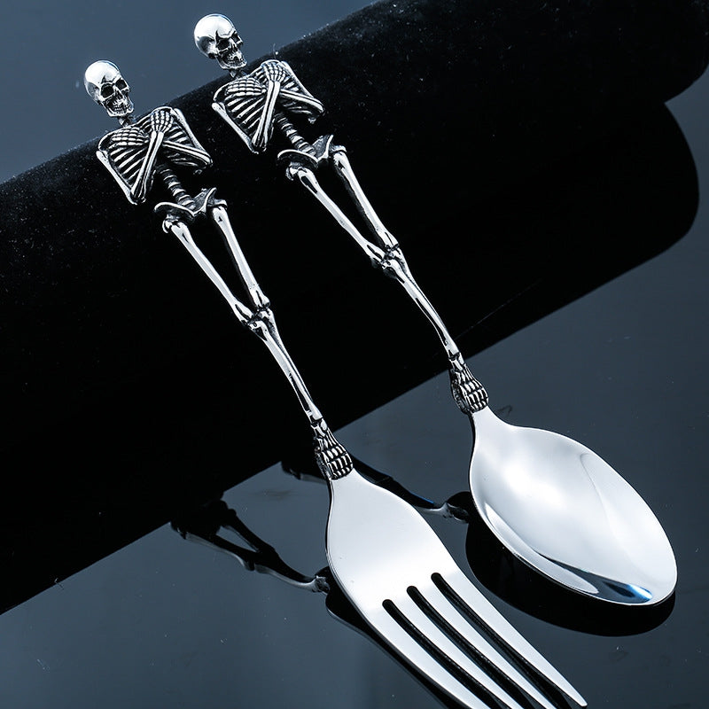 Titanium Steel Spoon Fork Tableware Skeleton Skull Stainless Steel Silver Black